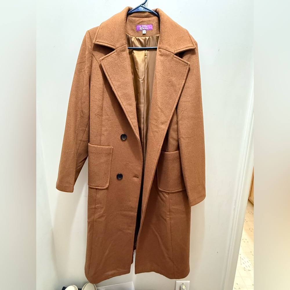 Long Brown Double-Breasted Coat Sz L